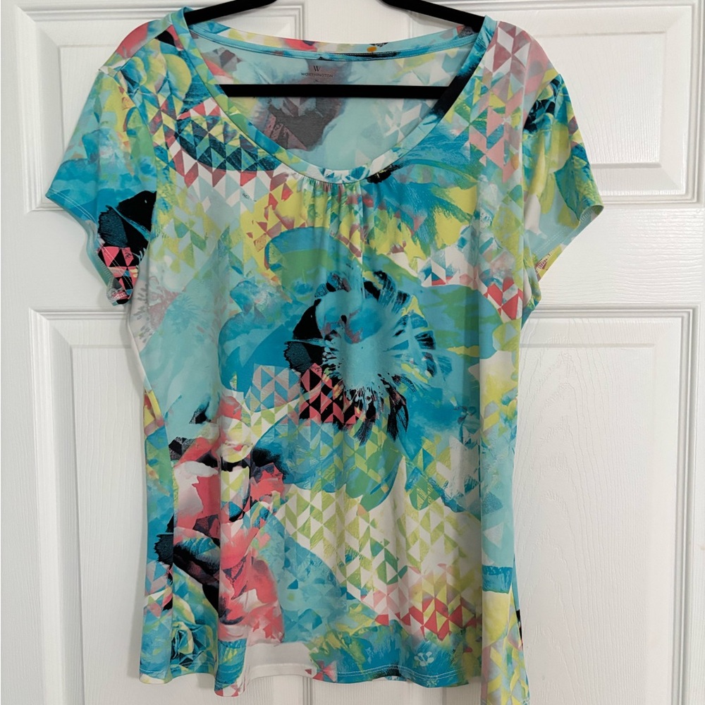 Worthington Turquoise Multi Floral Scoop Neck Short Sleeve Tee